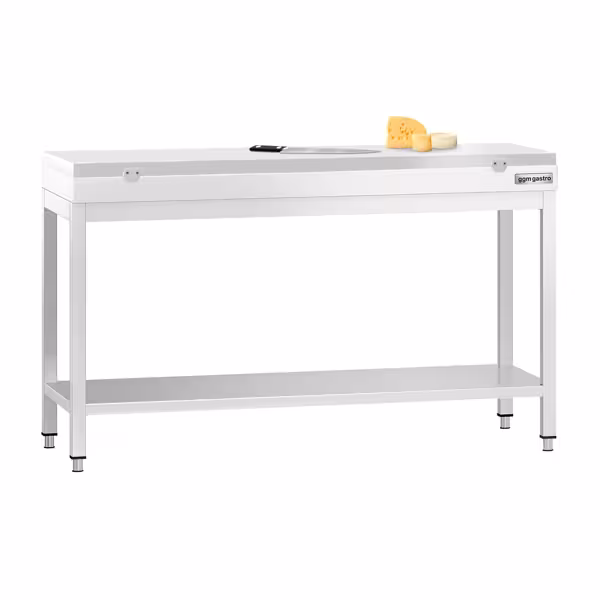Stół roboczy ze stali nierdzewnej PREMIUM – 1500 x 600 mm – z podstawą – w zestawie z białą deską do krojenia
