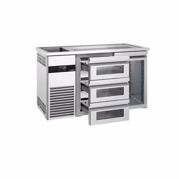 Barowy stół chłodniczy PREMIUM - 1550x700 mm - 1 szklane drzwi & 3 szklane szuflady