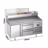 Table réfrigérée à pizza Premium PLUS - 1490x700 mm - avec 1 porte & 2 tiroirs - incl. vitrine réfrigérée - 6x GN 1/4
