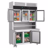 Commercial refrigerated counter with wall-mounted refrigerated display shelving - 1350 x 700 mm - with 3 glass doors on top and 3 doors below - worktop
