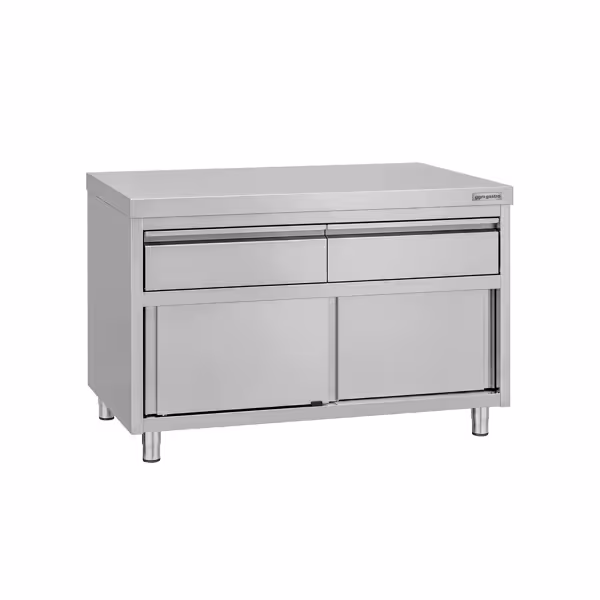  Szafka robocza ze stali nierdzewnej ECO – 1200 x 600 mm – z 2 szufladami i drzwiami przesuwnymi