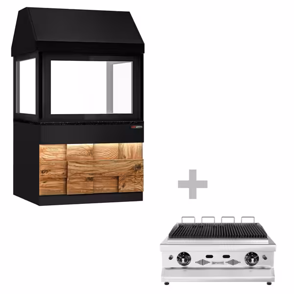 Barbecue à gaz professionnel SÉRIE TORONTO - 10,4kW - sur pied - P880mm - 2 grilles de cuisson - grilles de cuisson en fonte - Façade bois - Plan de travail en granit noir - pare-chaleur en verre trempé - Noir - incl. hotte filtrante