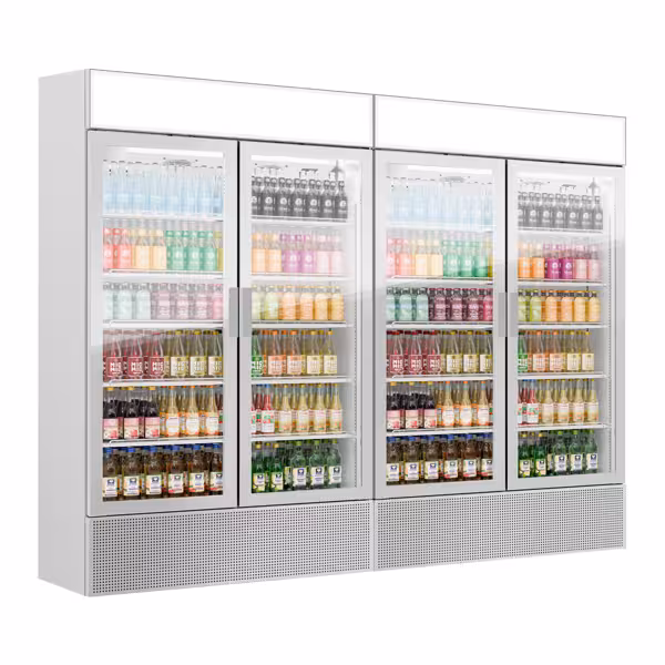 (2 unid) Frigorífico expositor de bebidas - 2400mm - 2400L - design sem moldura - com 4 portas de batente em vidro & painel publicitário iluminado - Cinzento