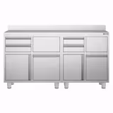 Commercial Coffee Station Cabinet - 1400x600mm - with 4 Drawers, 2 Doors, 2 Tilting Knockout Drawers - with Rear Upstand