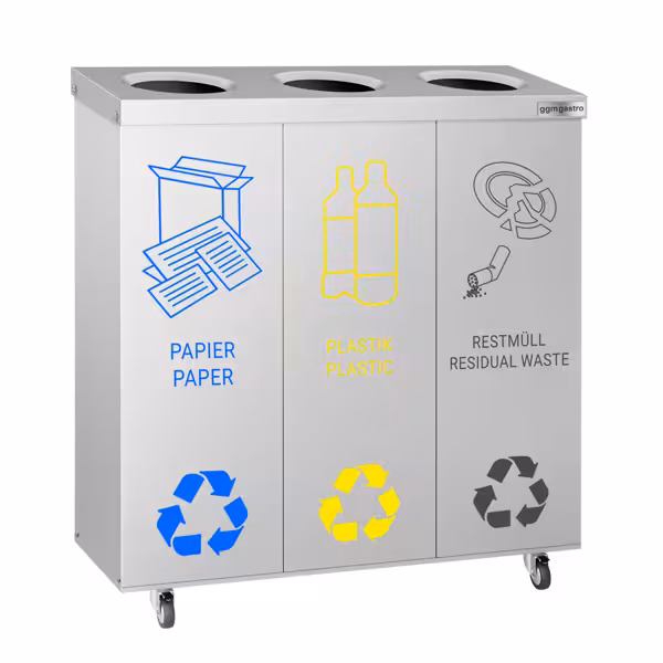 Afvalscheidingssysteem - 3 vakken van 25 liter - 755x255x725mm - met wielstel - RVS