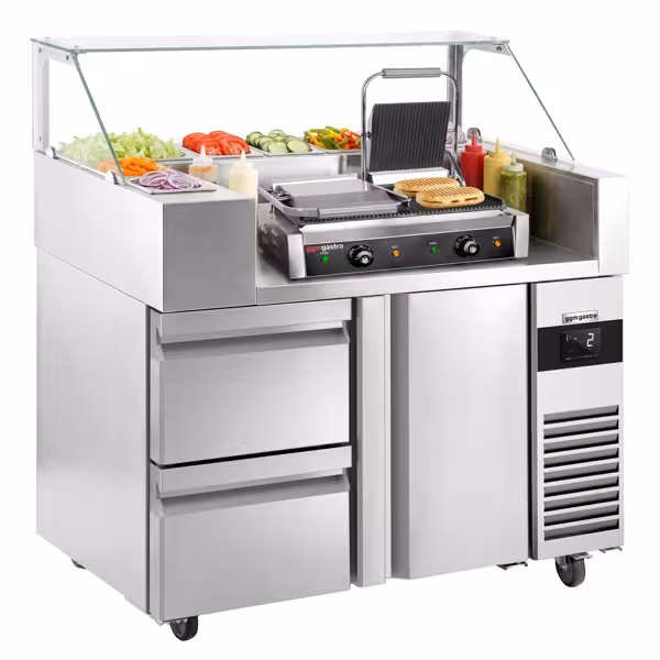 Přípravný chladicí stůl - 1210x700 mm - 1 dveře & 2 zásuvky - pro 9× GN 1/6 - vč. kontaktního grilu