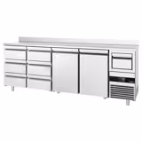 Bar- & Getränkekühltisch PREMIUM - 2690x600mm - mit 2 Türen, 6 Schubladen, Aufkantung & Ausklopfer für Kaffee