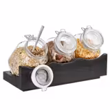 Buffetstandaard GOOD MORNING - hout & glas - 430x170mm - Hoogte: 135mm - incl. 3 glazen potten met luchtdichte klapdeksel