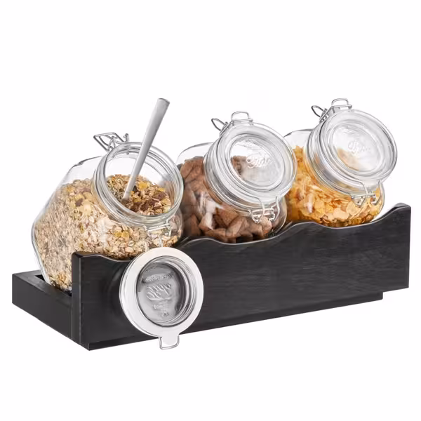 Buffetstandaard GOOD MORNING - hout & glas - 430x170mm - Hoogte: 135mm - incl. 3 glazen potten met luchtdichte klapdeksel