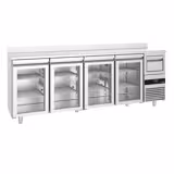 Commercial Back Bar Bottle Cooler PREMIUM - 2690x600mm - 710L - with 4 Hinged Glass Doors, upstand & knock box for coffee