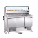 Table à pizza réfrigérée ECO - 1400x700mm - dessus granit - avec 3 portes pleines - avec vitrine réfrigérée GN surélevée LED - 6x GN 1/4