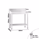 Mesa de trabajo de acero Inox. PREMIUM - 600x600mm - con estante inferior y zócalo