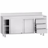 RVS werkkast ECO - 2000x700mm - met schuifdeuren, 3 laden rechts & achteropstand