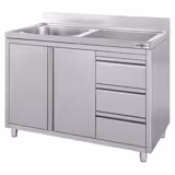 Dřezová skříňka - nerezová ocel - 1200x600 mm - se 3 zásuvkami - křídlové dveře - s odkapávací plochou vpravo - s 1 dřezem vlevo