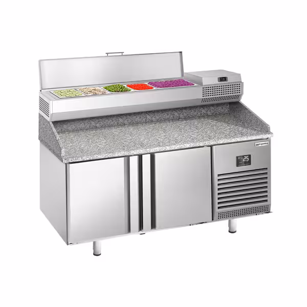 Pizzawerkbank PREMIUM PLUS - 1490x700mm - met granieten werkblad - met 2 deuren - incl. opzetkoelvitrine - 6x GN 1/4