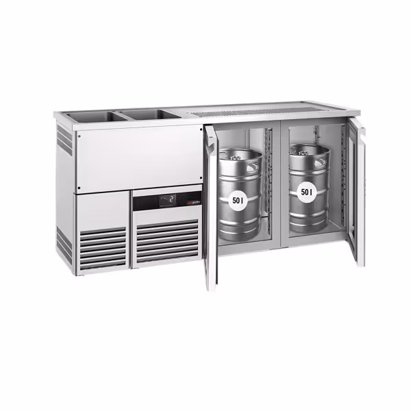 Commercial Refrigerated Beer Counter PREMIUM – 2-Glass Doors – 2-Sink Left – 1950×700 mm