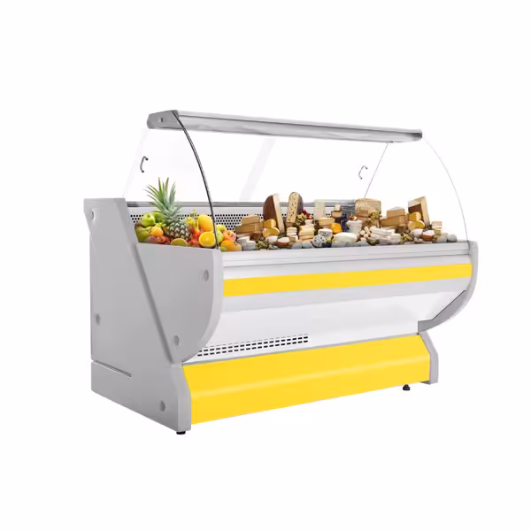 Banco gastronomia professionale / Banco Macelleria - 1725x1150mm - Statica - 340 L - Vetro curvo - Colore Giallo - Sportelli posteriori 2 scorrevoli - piano di lavoro in granito