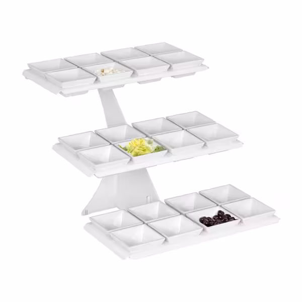 Buffetstandaard - wit gecoat RVS & melamine - hoekig - 320x460mm - 3-laags - Hoogte: 420mm - incl. 24 melamineschaaltjes 100x100mm