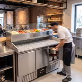 Commercial Pizza Prep Counter - Granite Top PREMIUM - 1400x700mm - with 3 doors - incl. refrigerated topping unit with glass sneeze guard - 6x GN 1/4