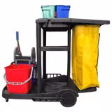 Commercial Cleaning Trolley – 6 Bins, Mop Wringer, 2 Shelves & 10 kg Laundry Bag – 4 Side Holders – Grey