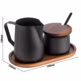 (12 db) Tejkiöntő és cukortartó készlet - 350 ml - akácfa állvánnyal - Rozsdamentes acél | Akácfa - tapadásmentes bevonattal