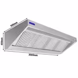Wandafzuigkap RVS - 900mm diep - 3000mm - met motor - compleet - met standen snelheidsregelaar, 4 labyrintfilters en verlichting - 2200m³/u
