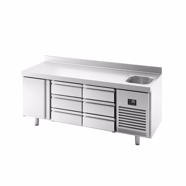 Kühltisch Premium PLUS - 1960x600mm - mit 1 Becken, 1 Tür, 6 Schubladen - Aufkantung