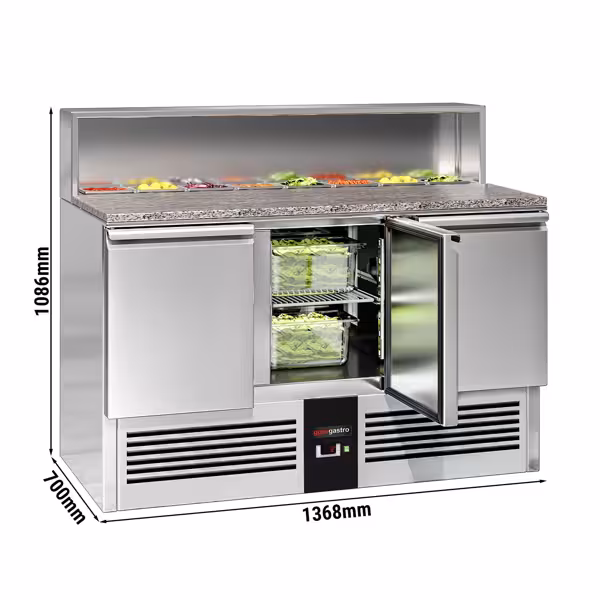 Commercial Saladette Prep Station PREMIUM – 3 Doors – GN 1/1 Pan Well – 1368×700 mm – +2 to +8 °C – Granite worktop; UK plug; GN top 8×1/6