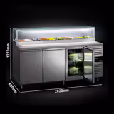 Saladette réfrigérée PREMIUM - 2020mm - 3 portes - avec vitrine de comptoir pour 10x GN 1/3 & 1 étagère - plan de travail en granit noir