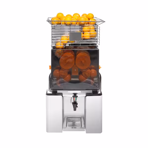 Automatický lis na pomeranče - 200 W - 70 kg - s automatickým podáváním, propustností 25 pomerančů/min, pro Ø 60-80 mm, zásobníkem 40 pomerančů & zásobníkem 10 kg - nerezová ocel (Se stojanem)