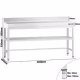 Mesa de trabalho em aço inoxidável PREMIUM - Profissional - 2000x600mm - com prateleira inferior & com painel traseiro & com prateleira intermédia & com travessas de reforço