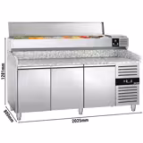 Table réfrigérée à pizza PREMIUM - 2000 x 800 mm - avec 3 portes - incl. vitrine réfrigérée - 10 x GN 1/4