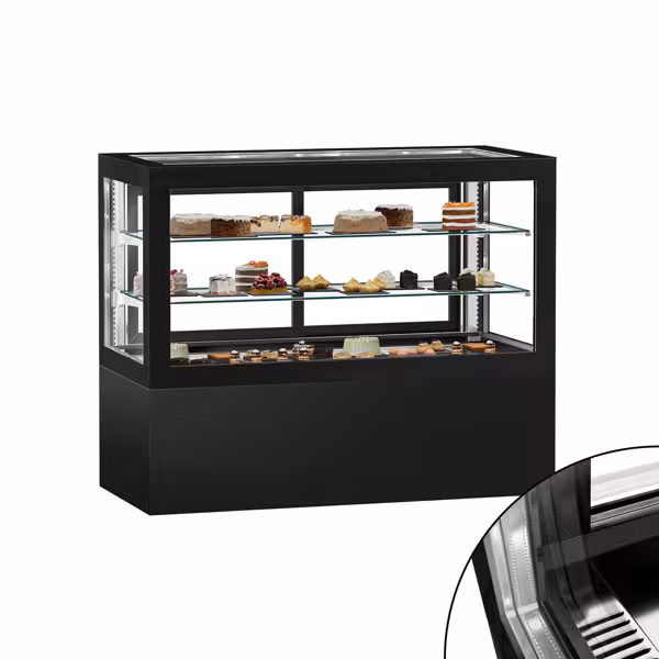 Vetrina pasticceria refrigerata Jakob - 780l - 1610mm - Doppio vetro - con 2 ripiani - porte posteriori scorrevoli; 4 lati vetro; LED interni; display digitale; temperatura +2/+10°C - Nero
