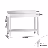 Mesa de trabalho em aço inoxidável PREMIUM - 1000x600mm - com prateleira inferior & com painel traseiro & com travessas de reforço