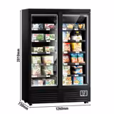 Wandvrieskast - 1260mm - 991L - met 2 glazen draaideuren (dubbelglas) & 5 schappen - geforceerde koeling - Zwart