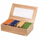 Wooden Tea Box – 4 Compartments - up to 120 Tea Bags - Acrylic Window - Brown
