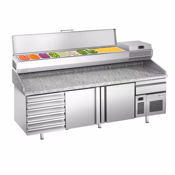 Pizzawerkbank PREMIUM PLUS - 2305x800mm - met granieten werkblad - met 2 deuren & 6 laden - incl. opzetkoelvitrine - 10x GN 1/3