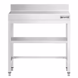 Mesa de trabajo de acero inox.  PREMIUM - 0,6 m - con zócalo, estante intermedio y travesaños bajos