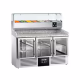 Commercial Pizza Prep Counter - Granite Top PREMIUM - 1400x700mm - with 3 glass doors - incl. refrigerated topping unit with glass sneeze guard - 6x GN 1/4