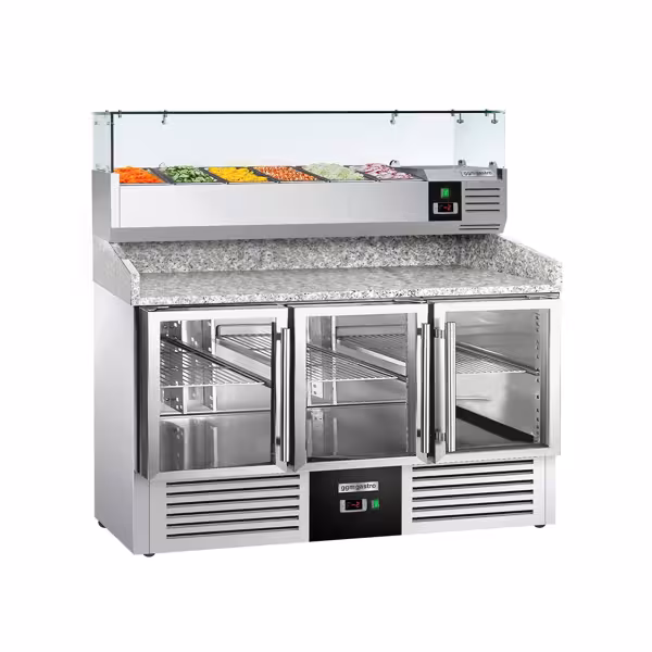 طاولة تحضير بيتزا مبردة PREMIUM - 1400x700 mm - مع 3 أبواب زجاجية - سطح عمل جرانيت - شامل وحدة تبريد علوية - 6x GN 1/4