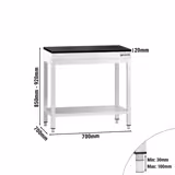 Mesa de trabalho em aço inoxidável PREMIUM - Profissional - 700x700mm - com prateleira inferior & com travessas de reforço - incl. tampo em granito