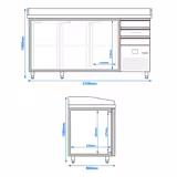 Pizza cooling table PREMIUM - 2150x800mm - with 3 doors & 3 drawers