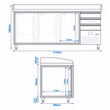Chladicí stůl na pizzu PREMIUM - 2150x800 mm - se 3 dveřmi a 3 zásuvkami - se žulovou pracovní deskou