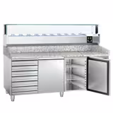 Pizzawerkbank PREMIUM - 2025x800mm - granieten werkblad - met 2 deuren & 7 laden - incl. koelopzetvitrine LED - 10x GN 1/4