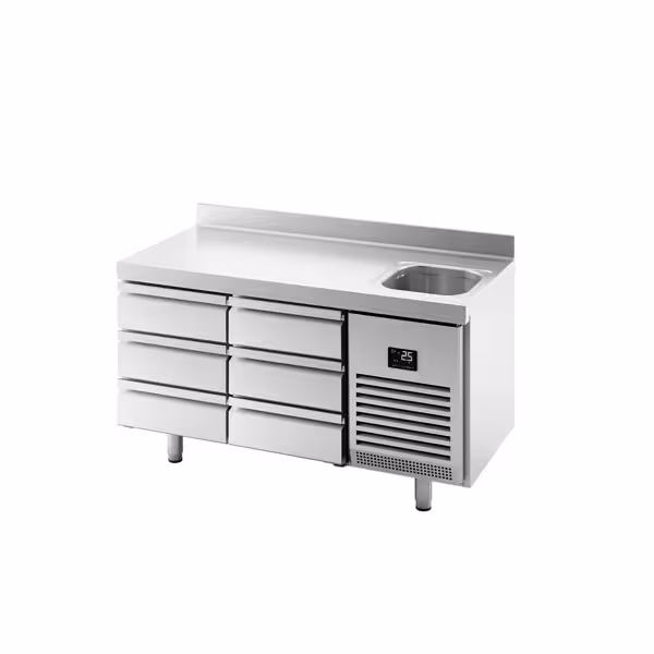 Koelwerkbank PREMIUM PLUS - 1468x600mm - 250 liter - met 6 lades - met 1 spoelbak - opstand
