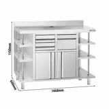 Table armoire en acier inoxydable - 1468x600mm - avec portes battantes et 2 tiroirs - avec dosseret - pour machine à café (cafetière à filtre)
