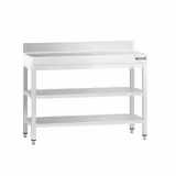 Mesa de trabalho em aço inoxidável PREMIUM - 1000x800mm - com prateleira inferior & com painel traseiro & com prateleira intermédia & com travessas de reforço