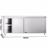 Table armoire en acier inoxydable PREMIUM - 2000x800mm - avec portes coulissantes et étagère basse - pour produits céréaliers, produits laitiers - incl. plateau de découpe Blanc PEHD (HACCP)