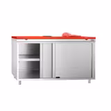 Table armoire en acier inoxydable PREMIUM - 1600x700mm - avec portes coulissantes et étagère basse - pour viandes crues - incl. plateau de découpe Rouge PEHD (HACCP)