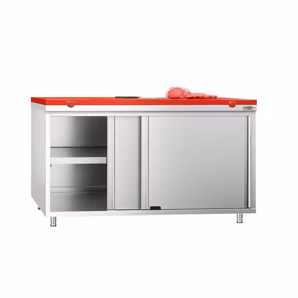 Stainless Steel Floor Cupboard PREMIUM - 1600x600mm - with Sliding Doors - incl. Chopping Board Red
